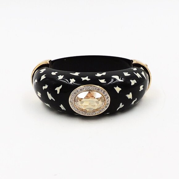 Vintage 1980s Italian Black Spotted Rhinestone Cuff Bracelet - Picture 8 of 11